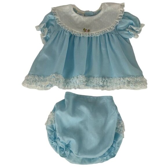 Mini World Baby Girl Dress Bloomers 3-6 mos Blue White Lace Trim Vintage 70s